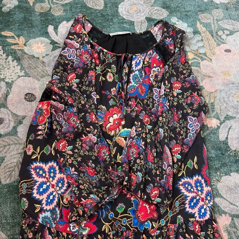 Alice + Olivia Lakita Tunic Dress Small Black Floral Long Sleeve Tiered Lace Boh - Picture 10 of 16